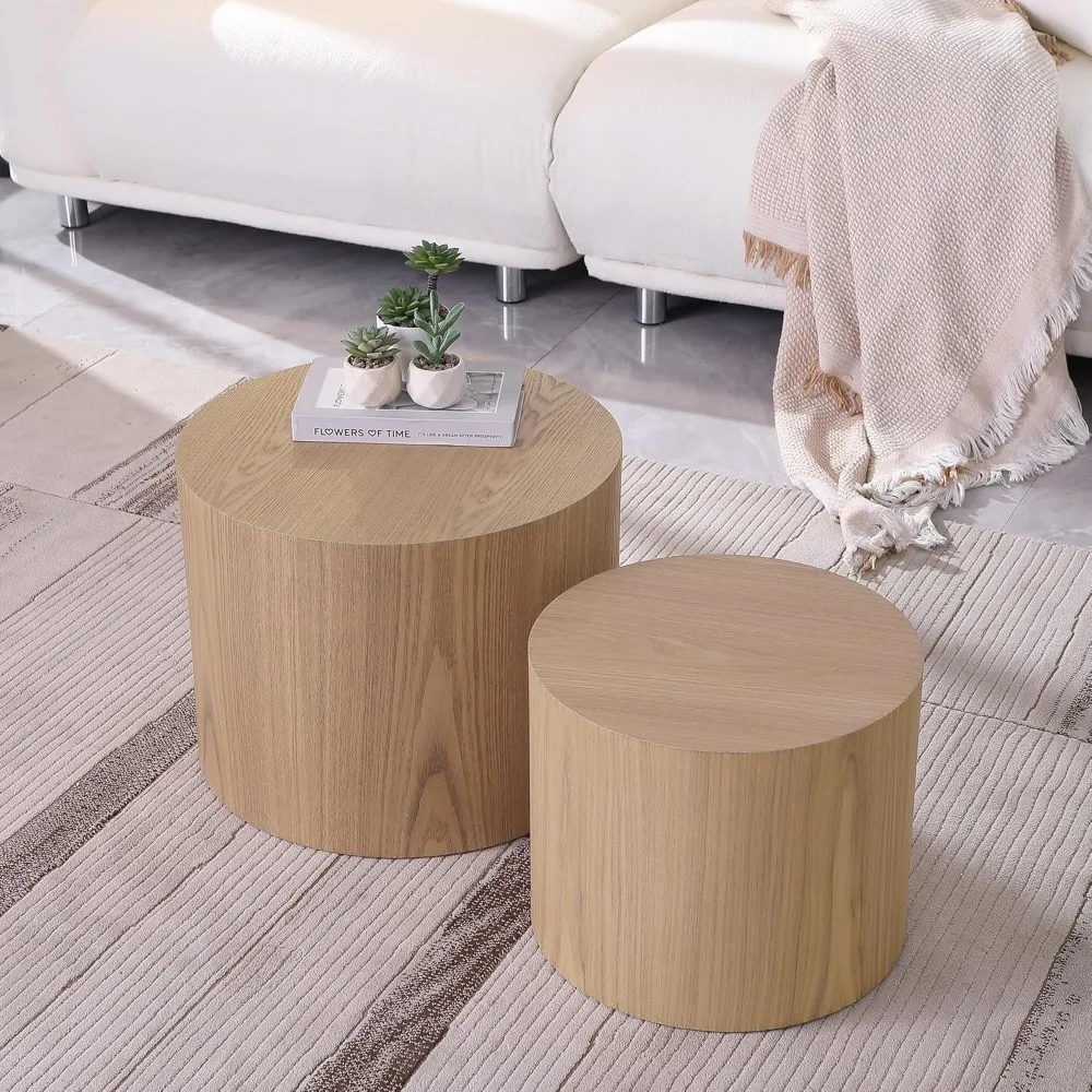 Pair of Round Coffee Tables: Wooden Nesting and End Table Set, Small Circle Drum Side Tables for Living Room and Office Use