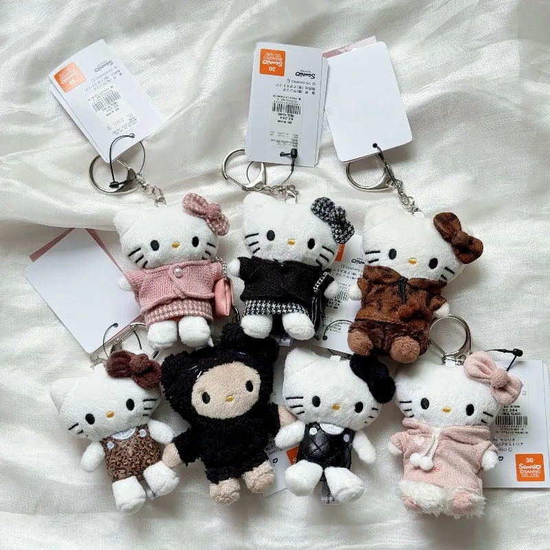 Novo me 6th colaboração 8cm preto kt brinquedo de pelúcia chaveiro senhora houndstooth rosa hoodie pele preta gatinho gato saco charme pingente