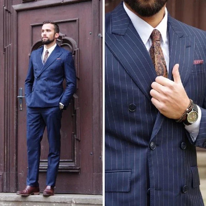 

Navy Blue Pinstripe Men Suits For Wedding Double Breasted Groom Tuxedo Male Fashion Formal Business Costume Jacket Pants 2024