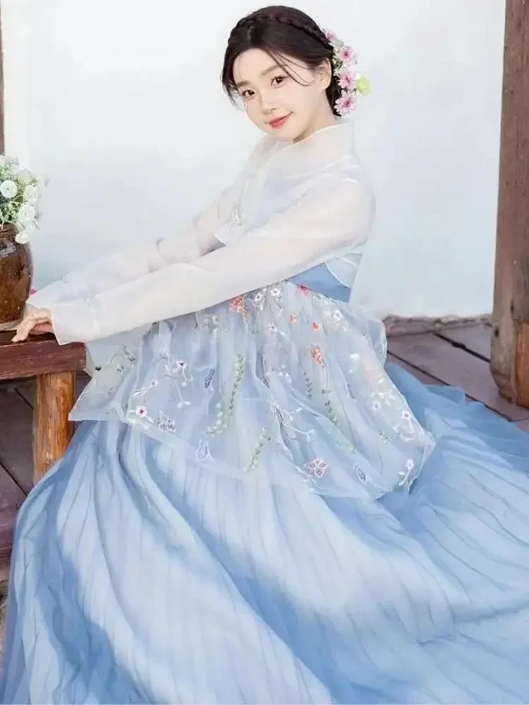 New Blue Hanbok For Women Korean Traditional Costume Minority Palace Performance Court Clothes Flower Wedding Party Dance Dress