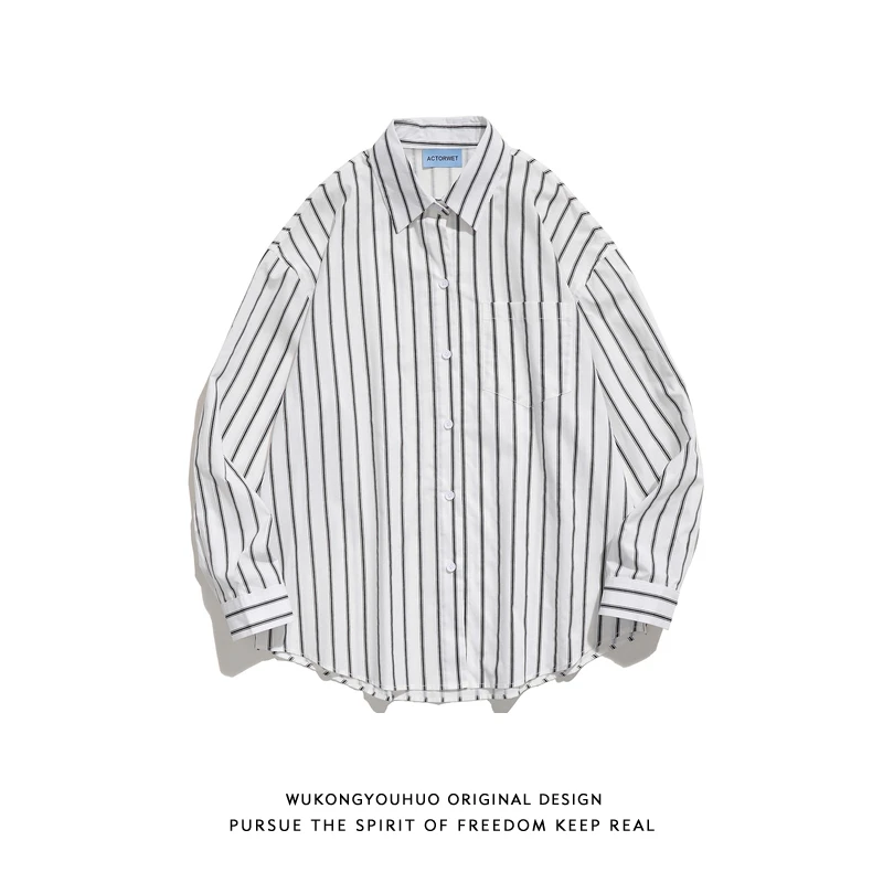 

Ретро японский Sle Long Sve Свободный повседневный мужской топ irt в вертикальную полоску Street Faion больших размеров Удобный осенний топ