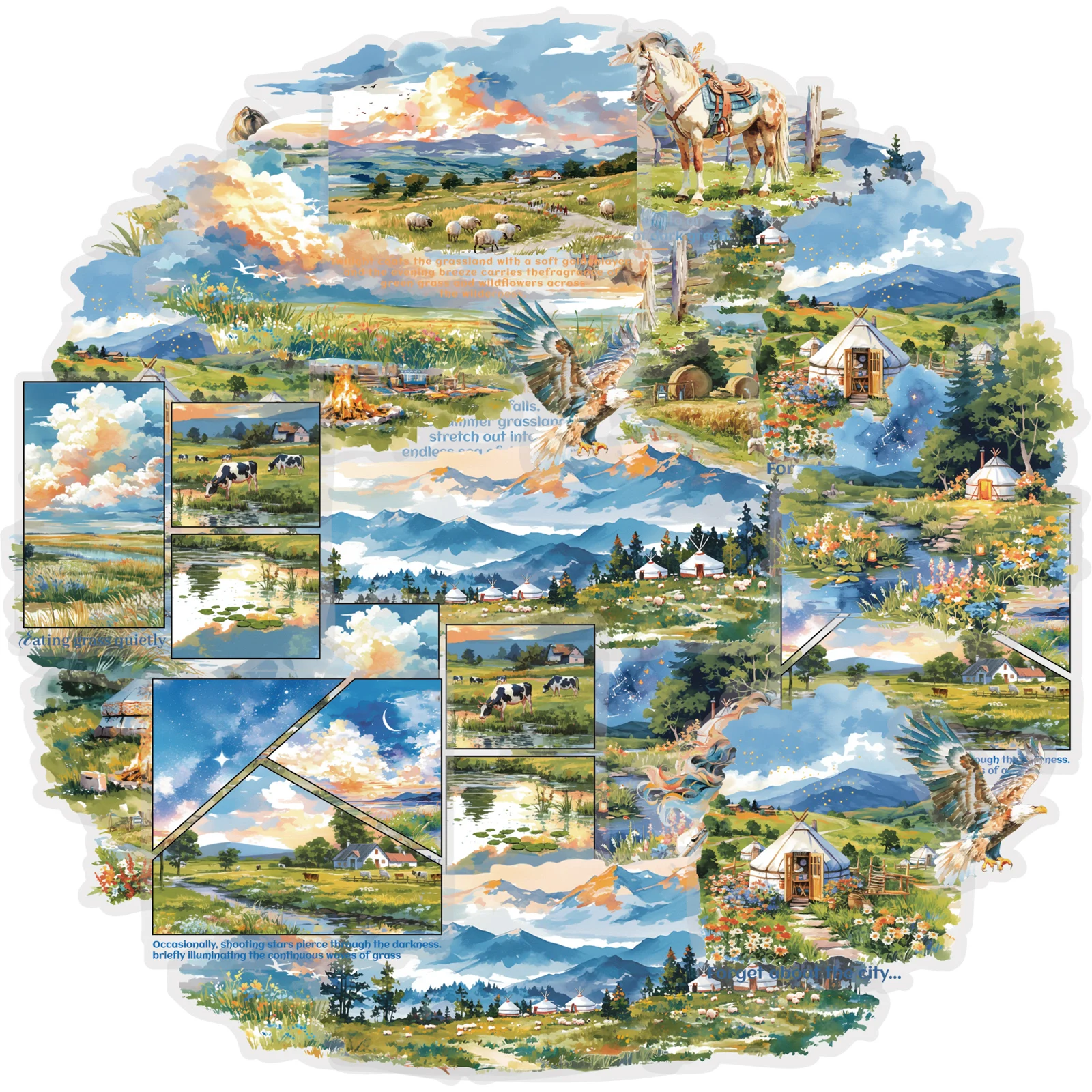 Etori Life Cloud Grassland - 15 pegatinas de cielo estrellado y praderas, material de collage para diario con atmósfera de naturaleza, para portátiles, pegatinas para teléfonos, equipaje, suministros para álbumes de recortes, manualidades DIY, bolsas de papel para regalos de estudiantes, pegatinas de juguete para niños, regalos para amigos