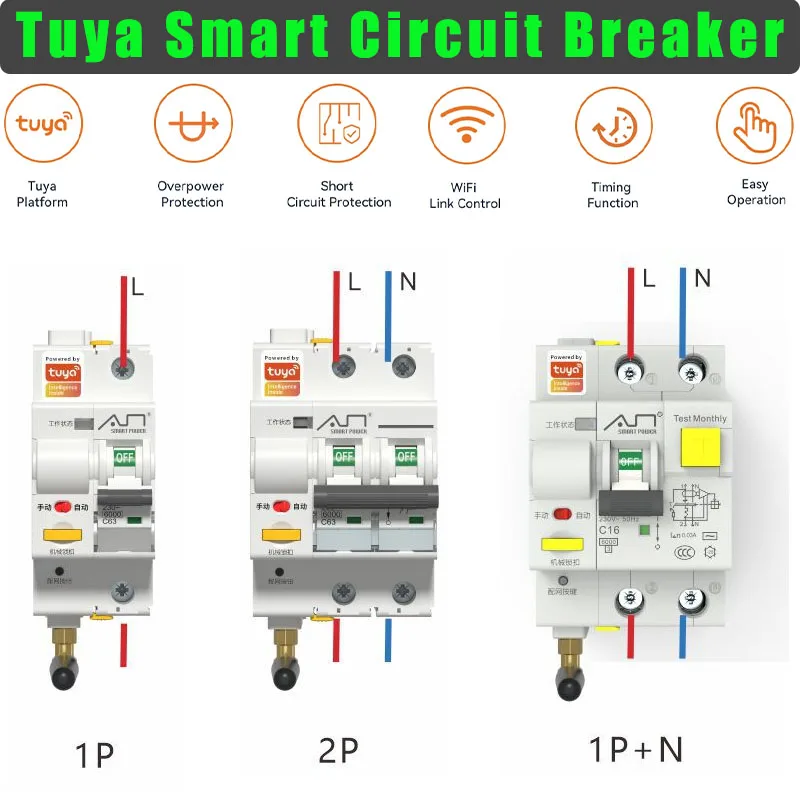 230V 16A 32A 60A Tuya WIFI Circuit Breaker MCB Smart Life Remote Control Short Circuit Protection Timed Switch 1P/2P/3P/4P/1P+N