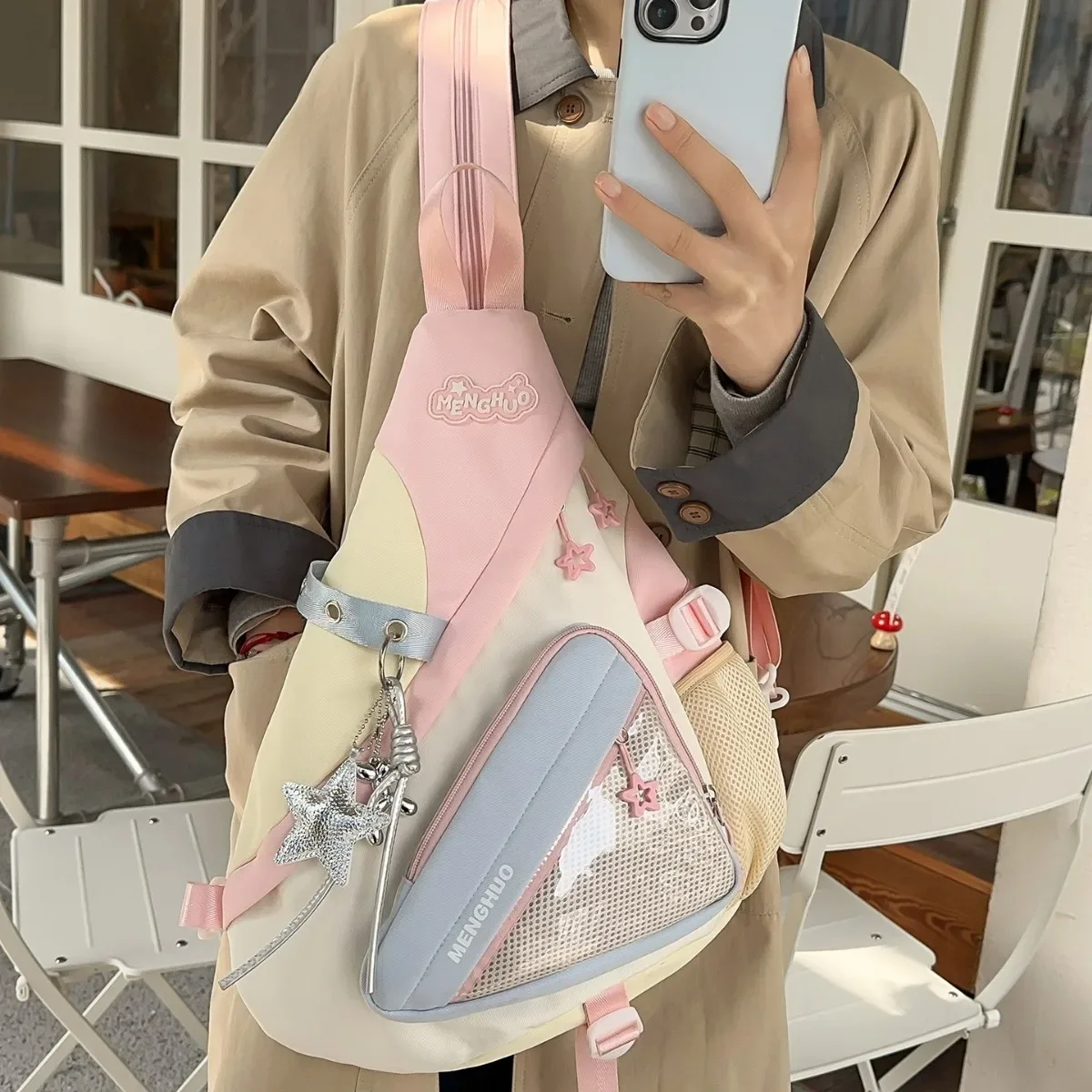 Korean Aesthetic Triangle Ita Sling Bag Star Print Patchwork Chest Backpack Lightweight Oxford Shoulder bag for Teen Girls bolso