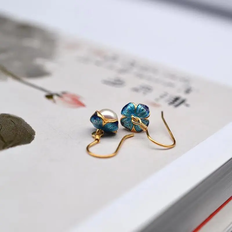 Chinese Style Hanfu Cloisonne Enamel Gilded Lotus Leaf Natural Pearl Earrings For Lady Elegant Retro Hook Earrings For Date Wear