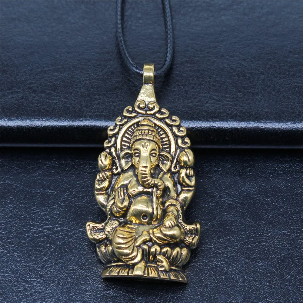 Dropshipping Necklace 62x32mm Ganesha Buddha Elephant S Pendant Necklace Faux Black Leather Rope Chain