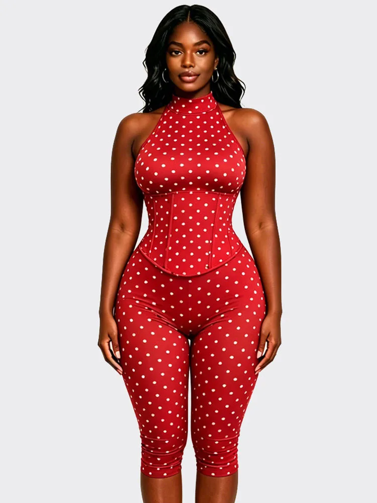 

Sexy Polka Dot Printed Bodycon Playsuit Women Bandage Halter Backless Zip High Waist One Piece Rompers Party Club Jumpsuit Short