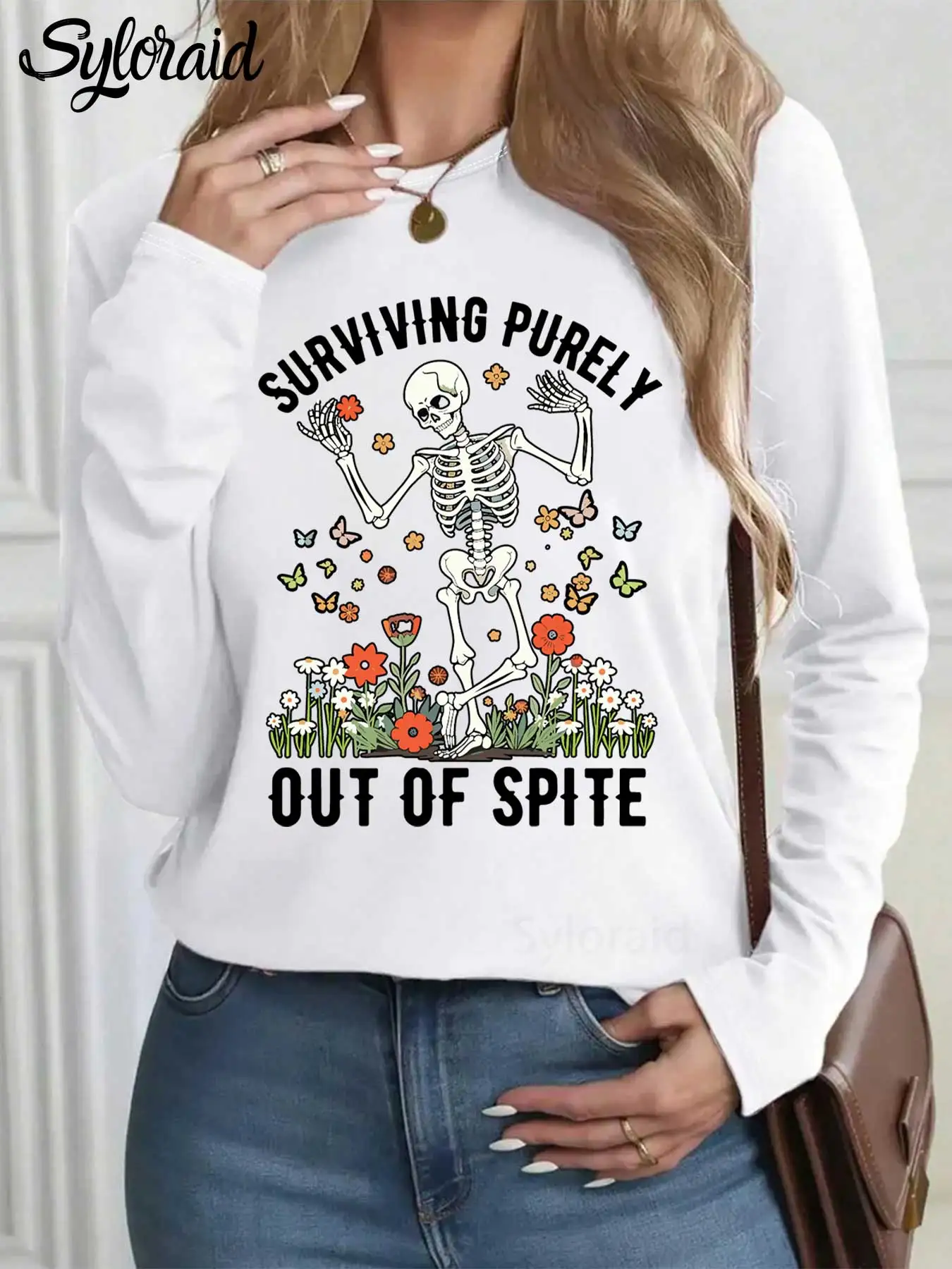 المرأة طويلة الأكمام تي شيرت البقاء على قيد الحياة بحتيا من البصق تي شيرت الساخرة الهيكل العظمي قميص موضة الجولة الرقبة رداء علوي غير رسمي #1