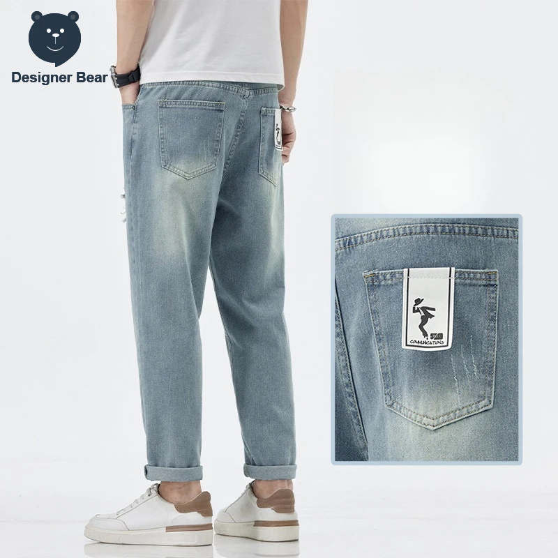 Summer Men's Ankle Length Jeans Ripped Hole Breathable Cotton Joggers Thin Retro Blue Harem Denim Pants Work Trousers Man Brand