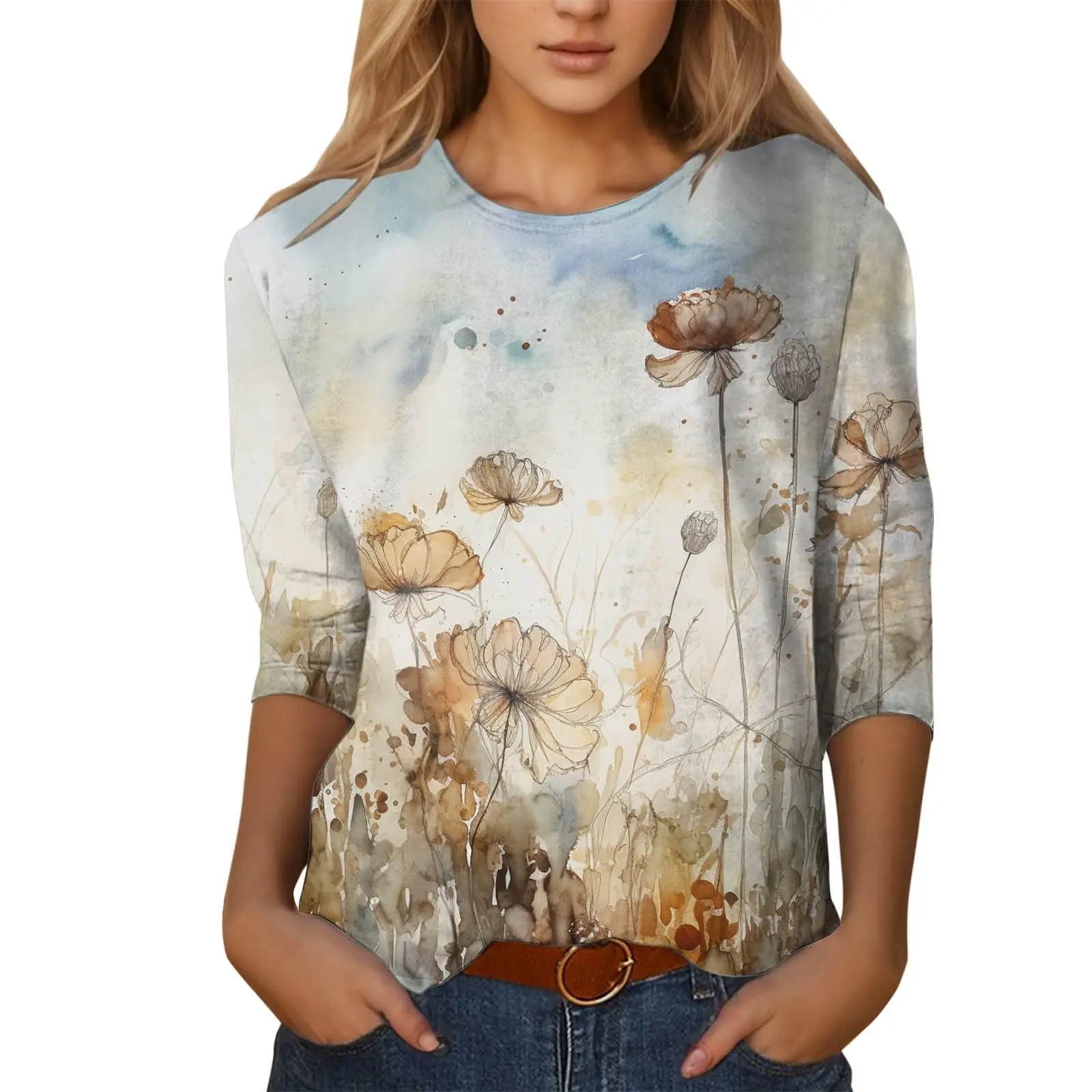 Women\'s T-shirt 3d print retro ink flower print casual long sleeve round neck regular top daily print pink spring and autumn