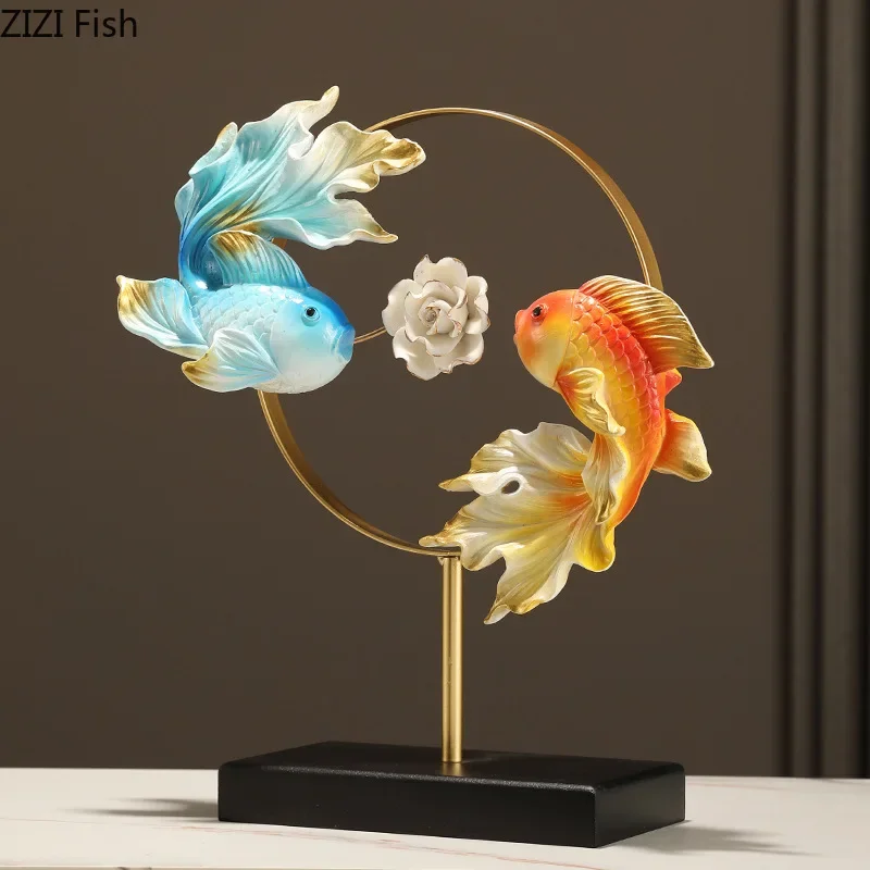 Creative Painted Carp Lotus Flower Decorative Ornaments Desk Decoration Mascot Carp Resin Crafts Sculpture Room Aesthetics Decor