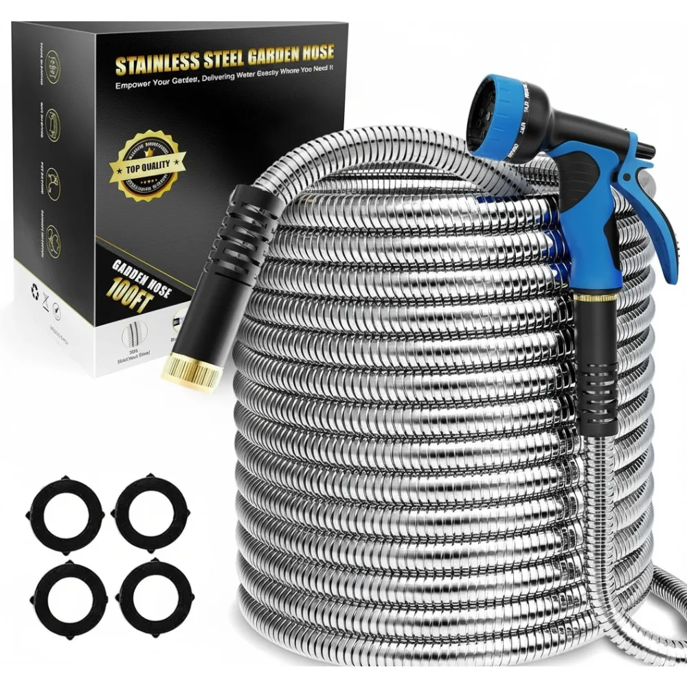 

100ft Metal Garden Hose with 10-Function Nozzle, Flexible Stainless Steel Water Hose for Yard, Outdoor & RV Use