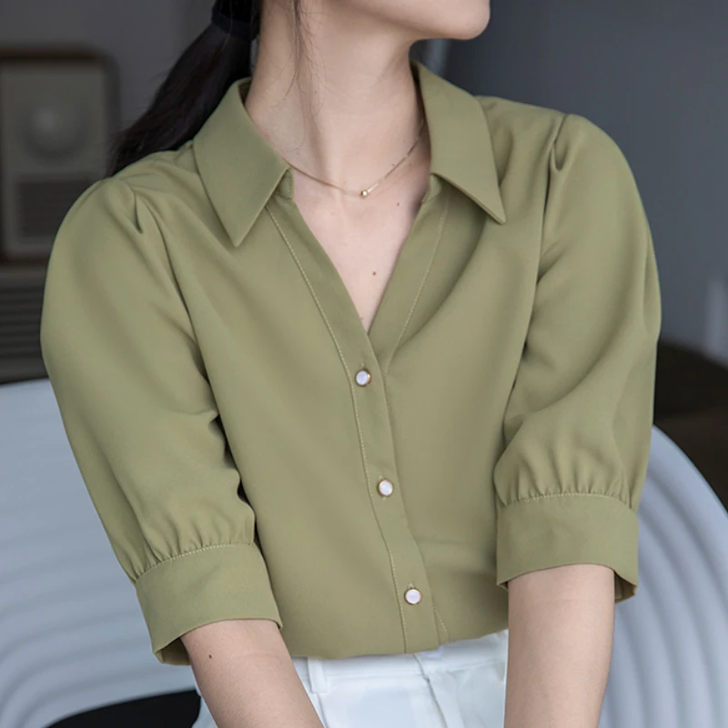 Elegant Women Tops and Blouses Chiffon Short Sleeve Shirts Puff Sleeves V- Neck Solid Office Ladies Tops Females Clothing Button