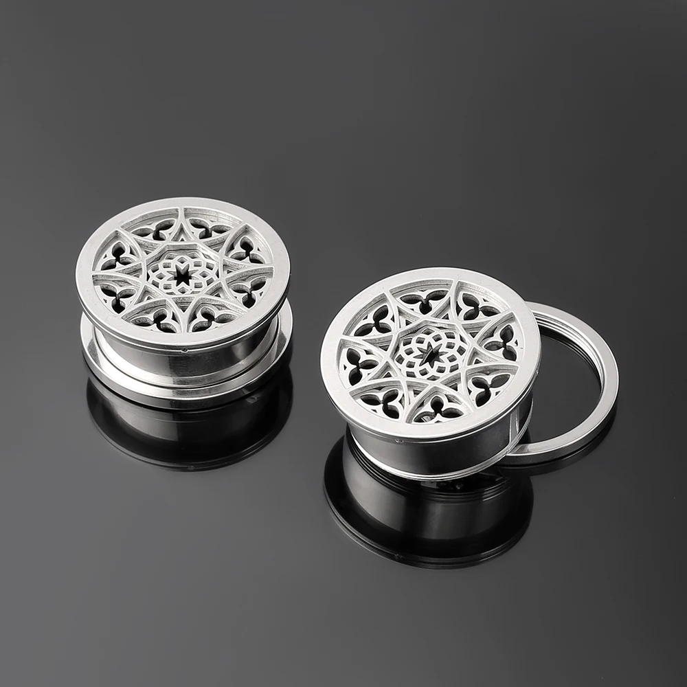 Giga 2Pcs Gothic Hollow Ear Tunnel Plug Stretcher Stainless Steel Screw Back Ear Gauges Expander Body Piercing Jewelry Vintage