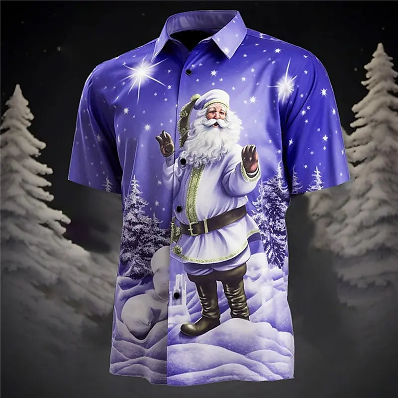

2025 Christmas Santa Claus Men's Shirt Short Sleeved Casual Shirt Breathable Fashion New Year Hawaiian Shirt Man Top
