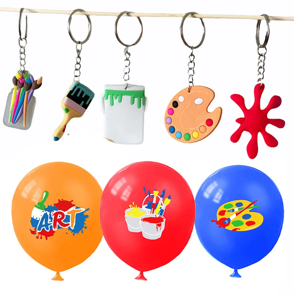 Art Birthday Decorations Paint Party Latex Balloons Paint Splatter Palette Brush Keychain for Kids Artist Party Gift Supplies