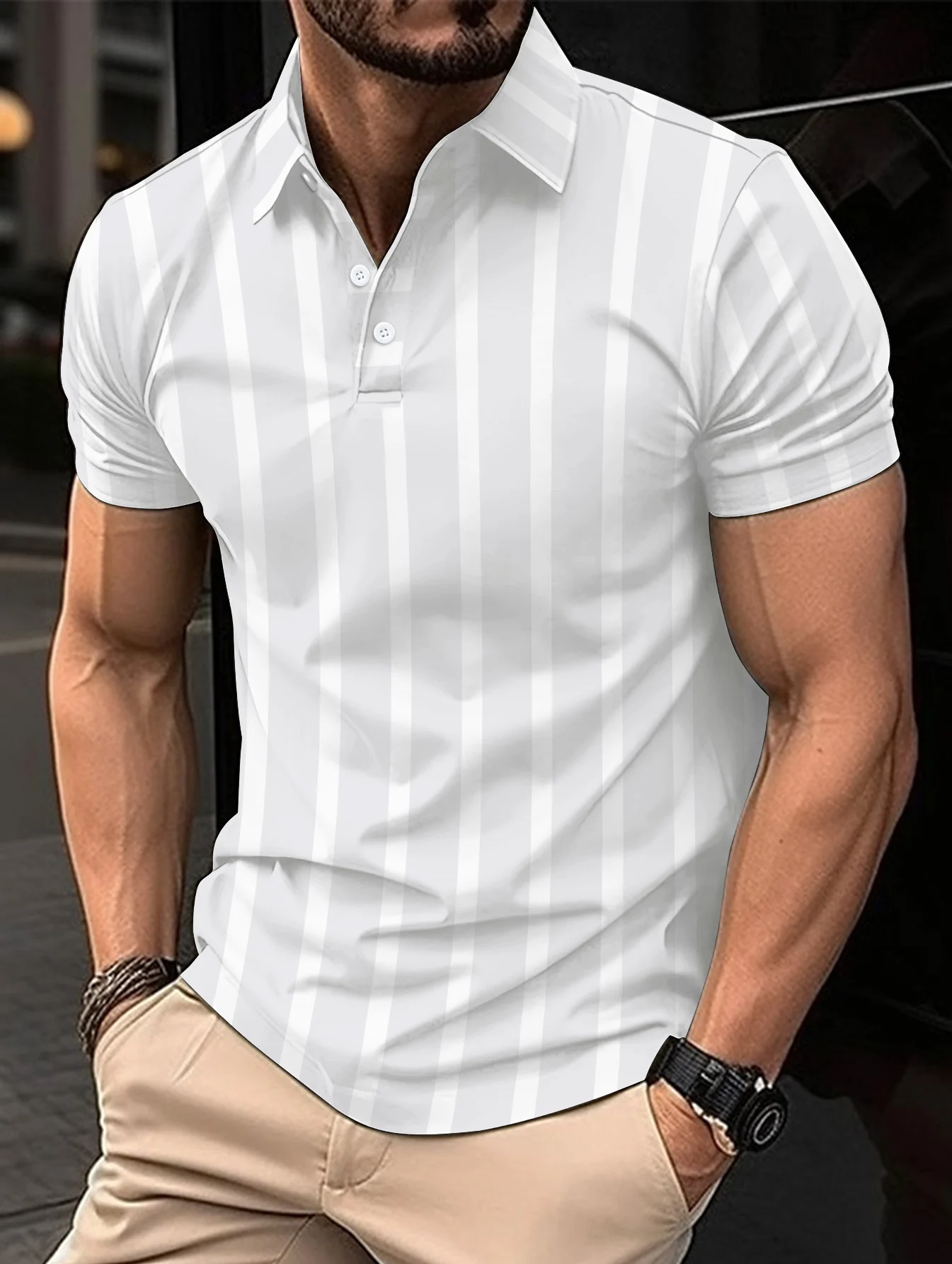 New High-end Casual Business Style Color Matching Three-Dimensional Striped Lapel Men\'s POLO Shirt Short Sleeve