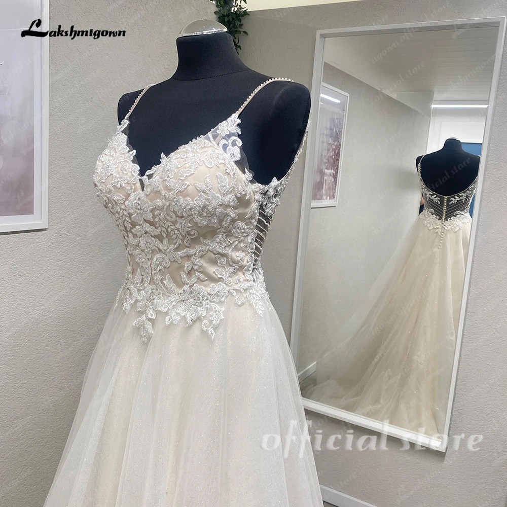 Lakshmigown Elegantes Tüll A-Linien-Hochzeitskleid Sexy V-Ausschnitt Spitzenapplikationen Brautkleid Spaghettiträger Boho Vestido Maßanfertigung – Detail 7