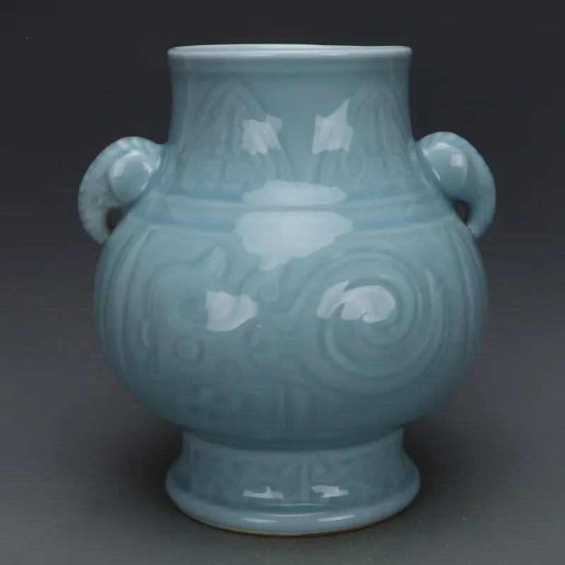 تشينغ تشيان لونغ منحوتة الفيل مقابض زهرية الصينية اليشم زهرية العتيقة أحادية اللون الخزف العتيقة الآسيوية ديكور غرفة المعيشة