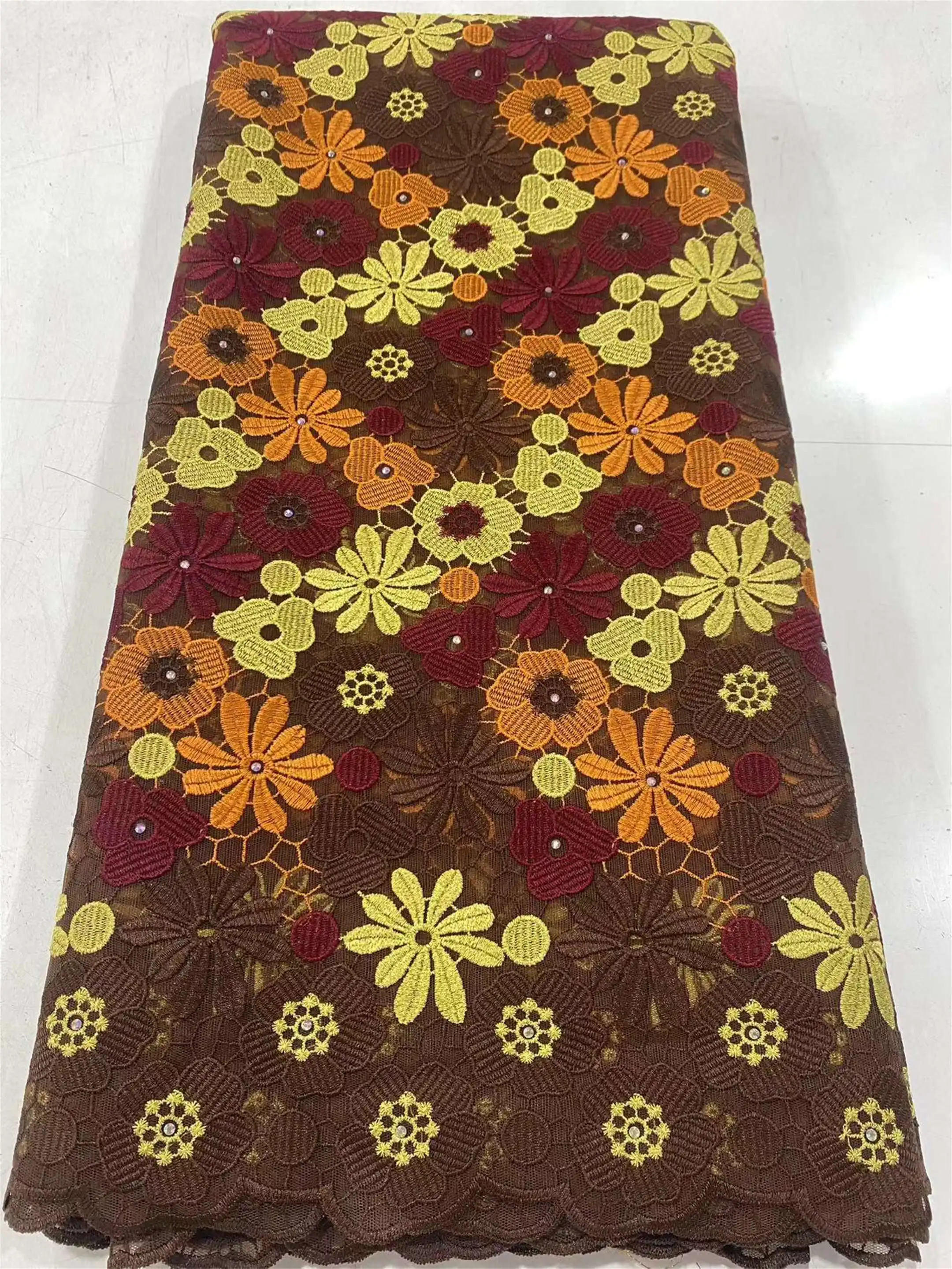 High Grade Latest Swiss Voile Lace With Stone Nigerian Lace Fabric 5 Yards African Embroidery Fabric For Party Dress 5Yar M731-1