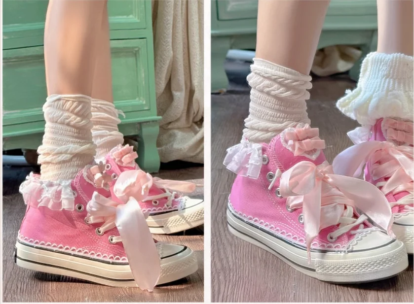 اليابانية الأصلية الوردي لوليتا حذاء قماش الحلو لطيف القوس حزام الدانتيل حافة حذاء كاجوال تنوعا عالية الجودة أحذية يوميا الخروج #3
