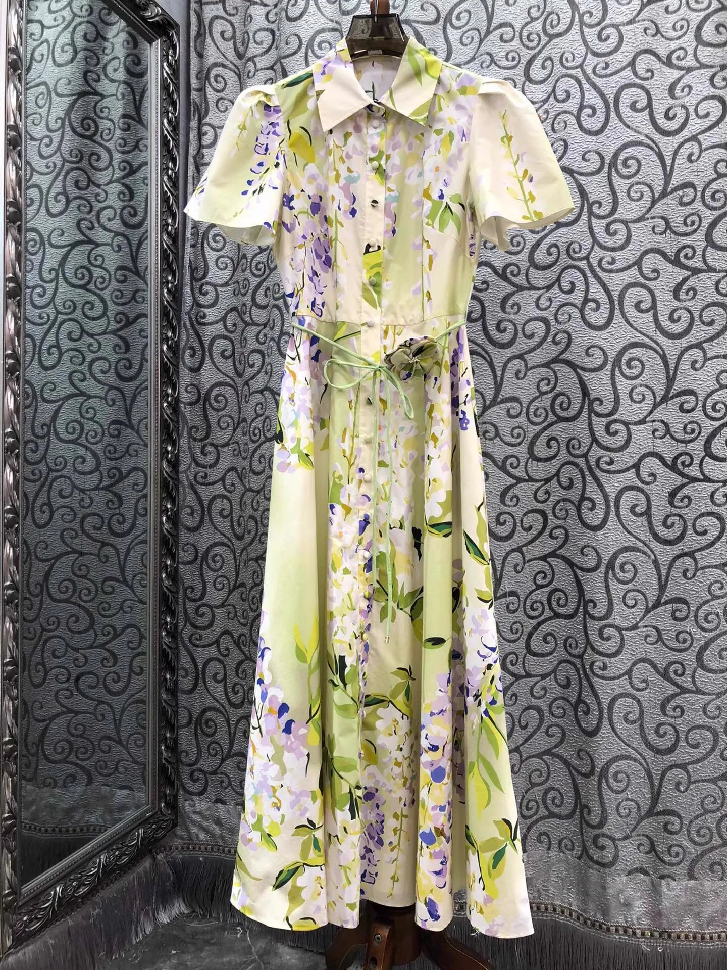 100% 면 롱 드레스 2026 봄 여름 여성용 턴다운 칼라 스위트 플로럴 프린트 벨트 장식 반팔 롱 맥시 드레스 럭셔리