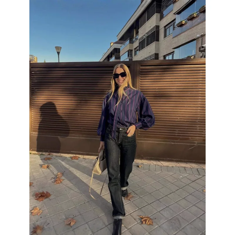 Women New Retro Simple Luxury Harajuku Streetwear Brand Design Sense Fashion Trends Personalized Slim Casual Striped Shirt