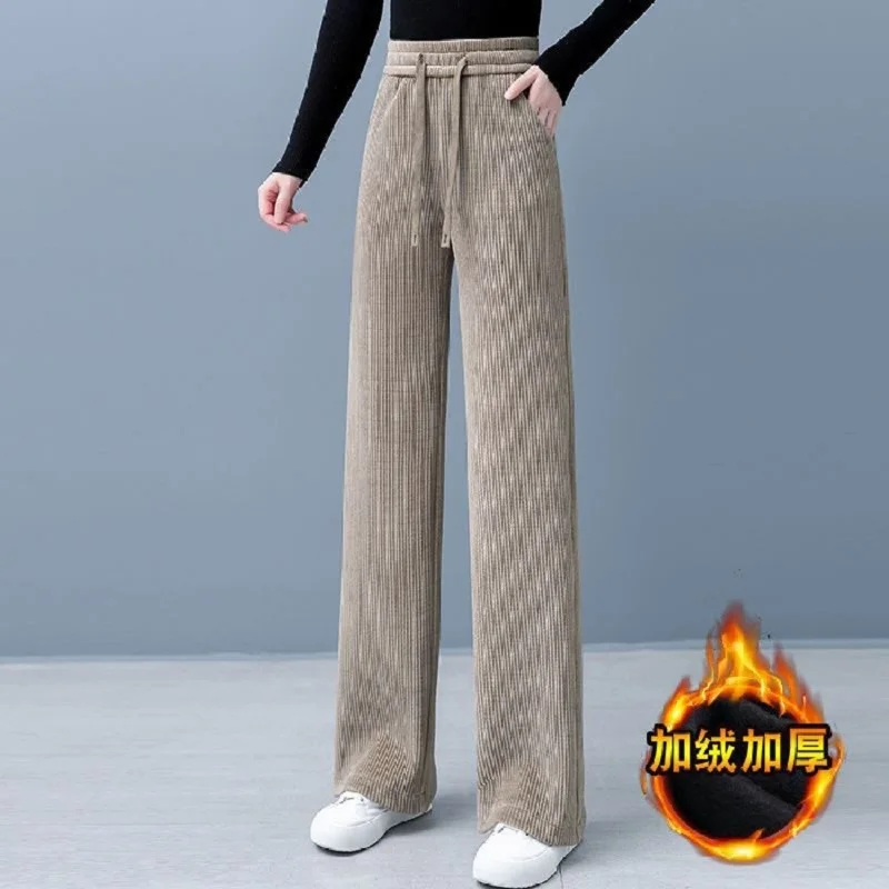 

Women's Plush Warm Pants Corduroy Casual High Waisted Loose Fitting Wide Legged Drawstring Straight Pants