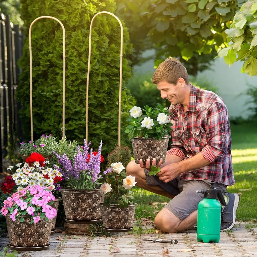 10 Inch Planter Pots for Plants 4 Pack Plastic Large Flower Pots Indoor Outdoor Resin Plant Pot with Drainage Saucer Retro Drat