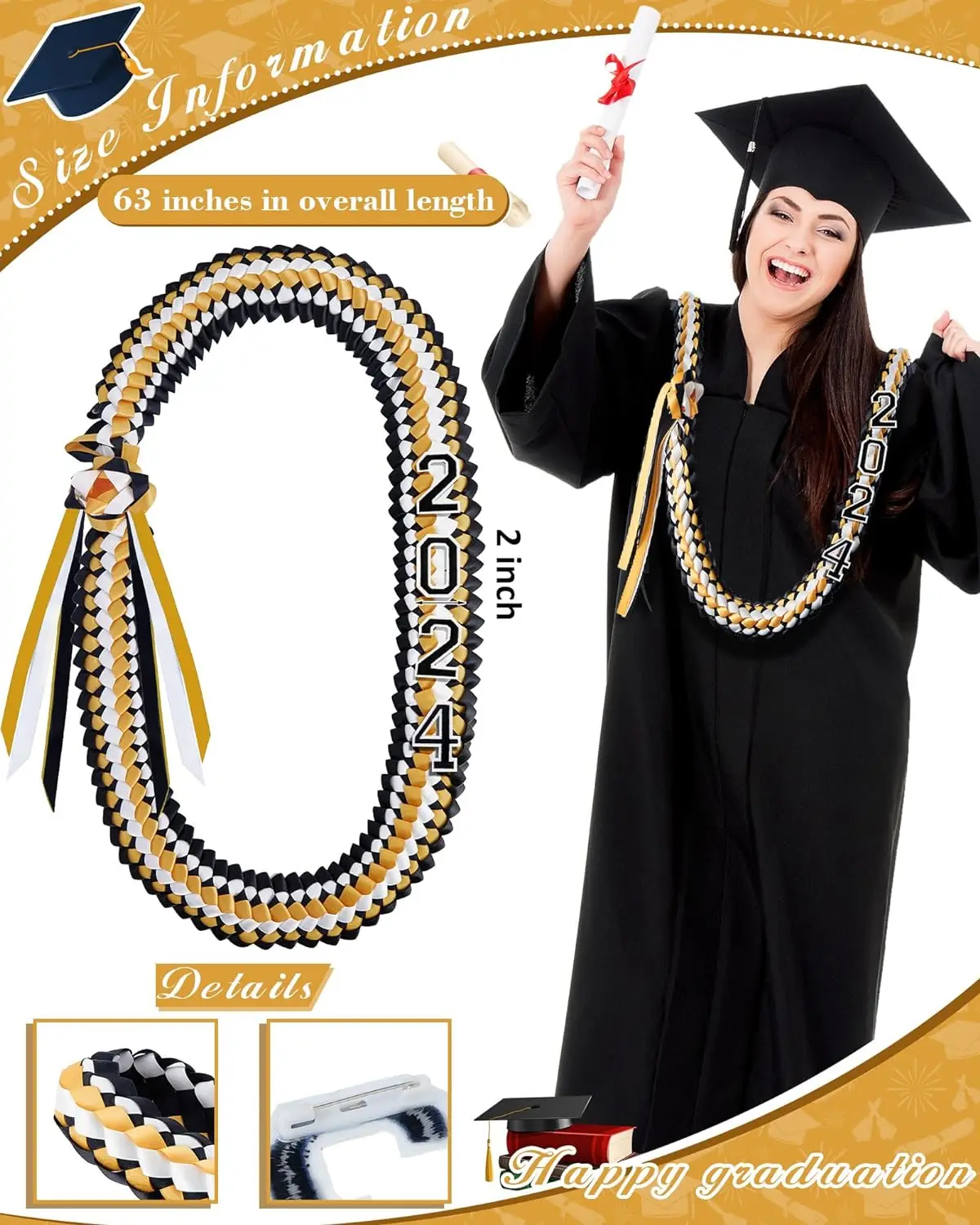 Cindeer Silk Graduation Leis 2026 Grad Embroidery Number Patch Set for High School College Graduation DIY Decor Party Supply