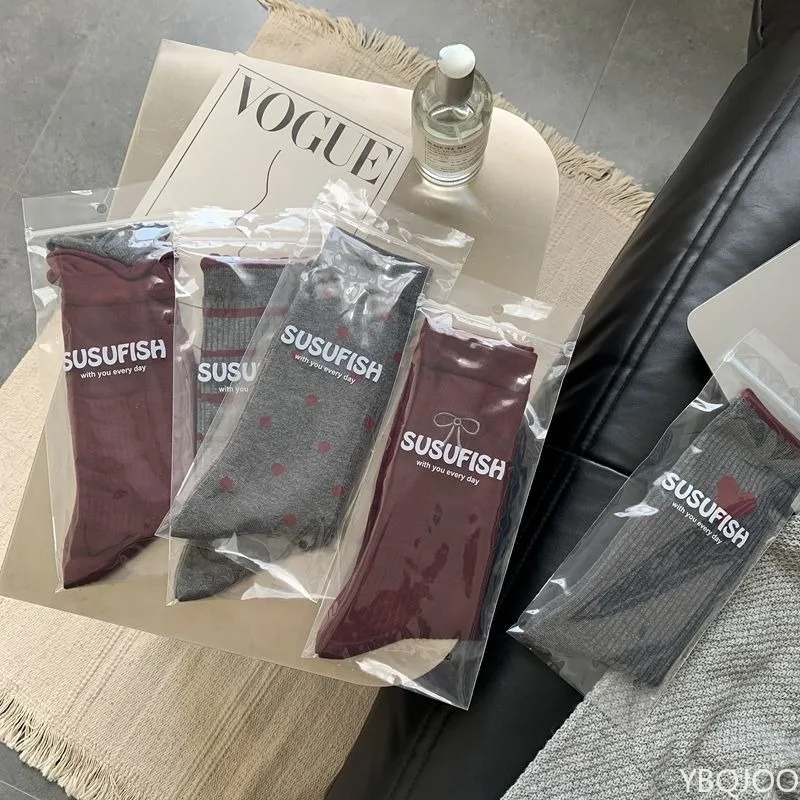 5 أزواج من جوارب الخريف والشتاء غير الرسمية المريحة متوسطة الطول، جوارب نسائية عصرية متعددة الاستخدامات وعقدة على شكل فراشة