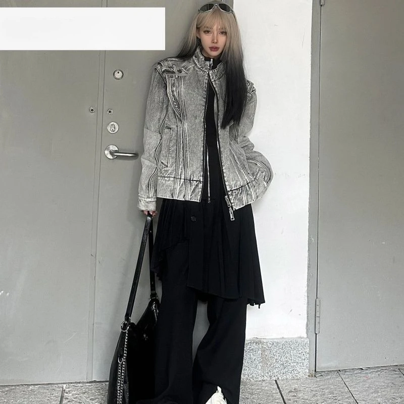 

Американская винтажная куртка с длинным рукавом, джинсовая потертая женская повседневная лоскутная верхняя одежда Y2k, ретро, чистый цвет, осень 202, осень