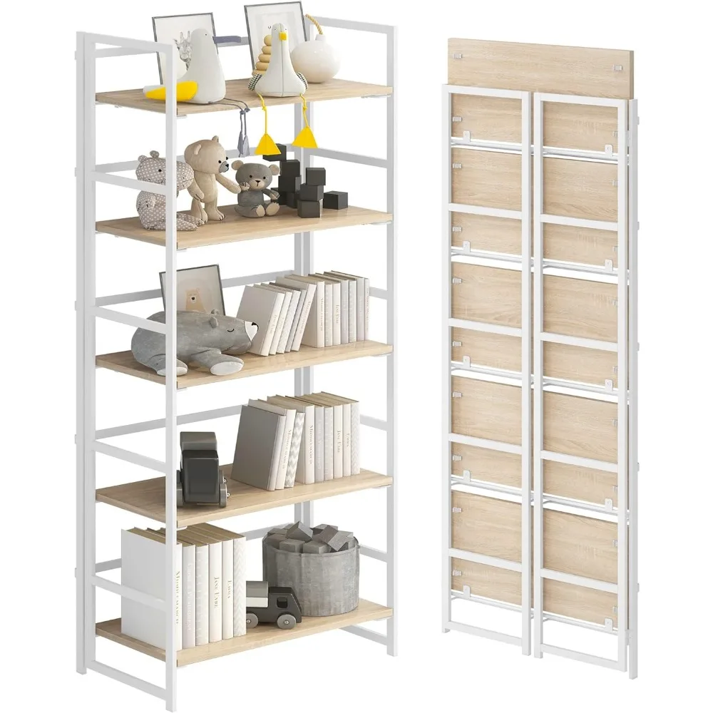 No-Assembly Folding Bookshelf Storage Shelves 5 Tiers Vintage Multifunctional Plant Flower Stand Storage Rack Shelves Bookcase