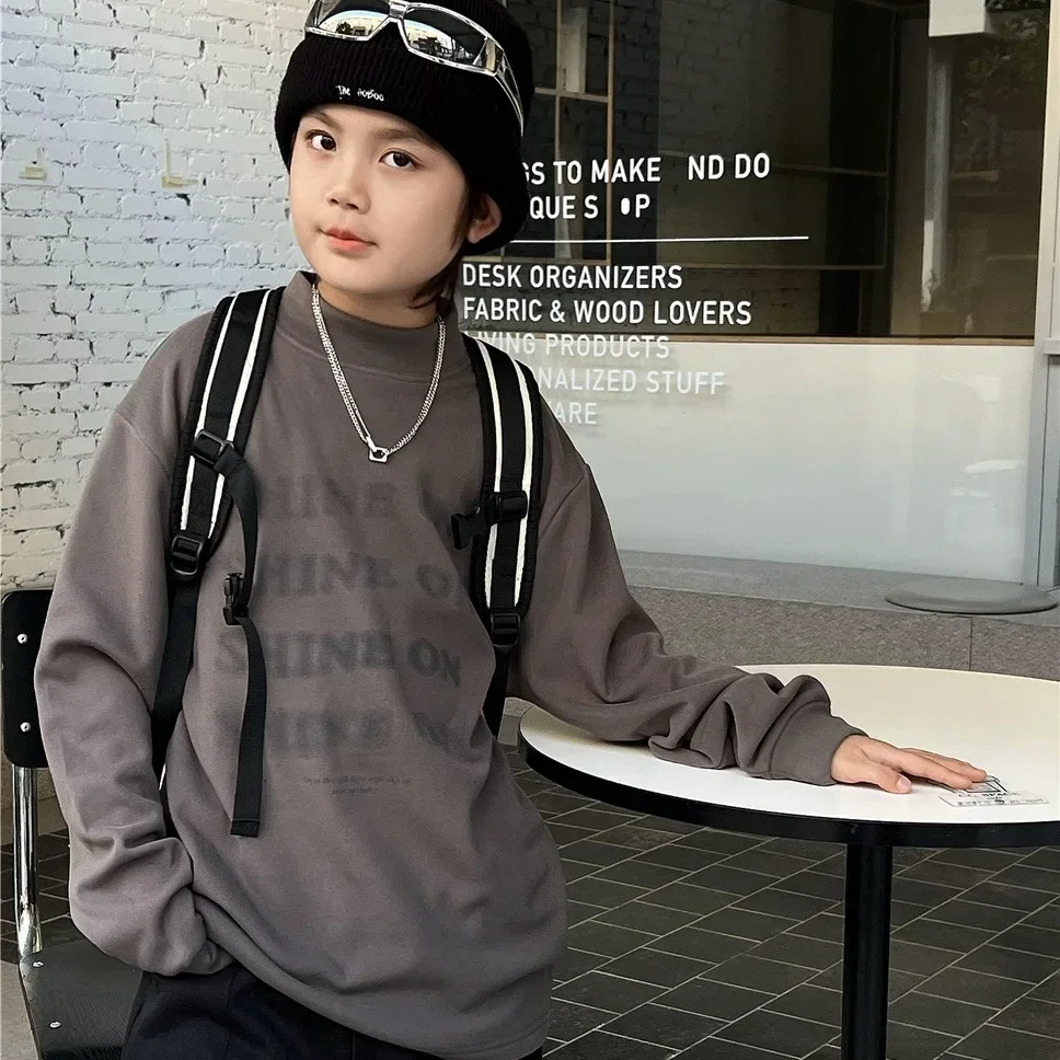 Children Clothing Fashion Personality All Match Letter Base Shirt 2024 Winter New Boys Girls Fleece Soft Comfortable Pullover