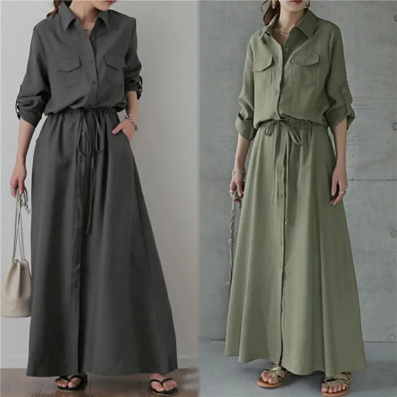 

Women Dresses Solid Color Shirts Long Fashion Casual Lapel Long Sleeve Drawstring Elastic Waist Dress Female Commuting Clothing