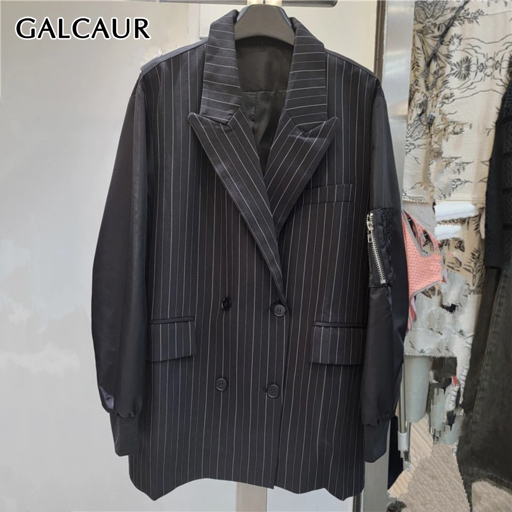 

GALCAUR Black Spliced Striped Basics Jacket Female Lapel Long Sleeve Loose Office Lady Women's Jackets Summer Style Fashion New