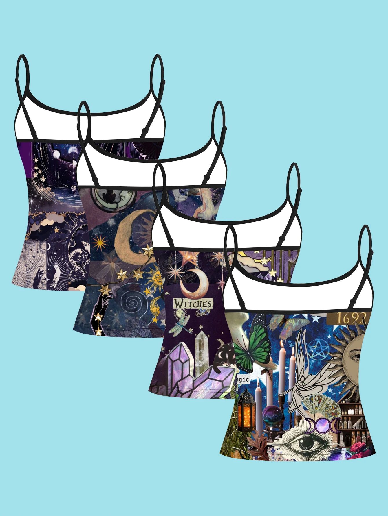 4-Piece Set of Witch-Themed Collage Print Camisoles for Women, Mysterious Star and Moon Crystal Vintage Art Slim-Fit Spaghetti Strap Tops