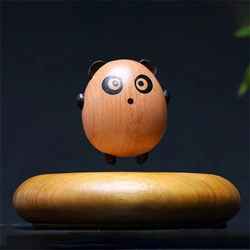 Anti-gravity maglev wood carving lucky cat ornament, infinite cycle floating rotating home office decoration