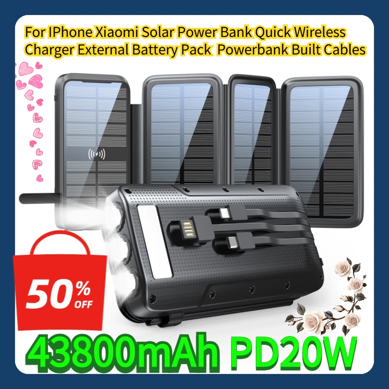 

For IPhone Xiaomi 43800mAh Solar Power Bank Quick Wireless Charger External Battery Pack PD 20W Powerbank Built Cables