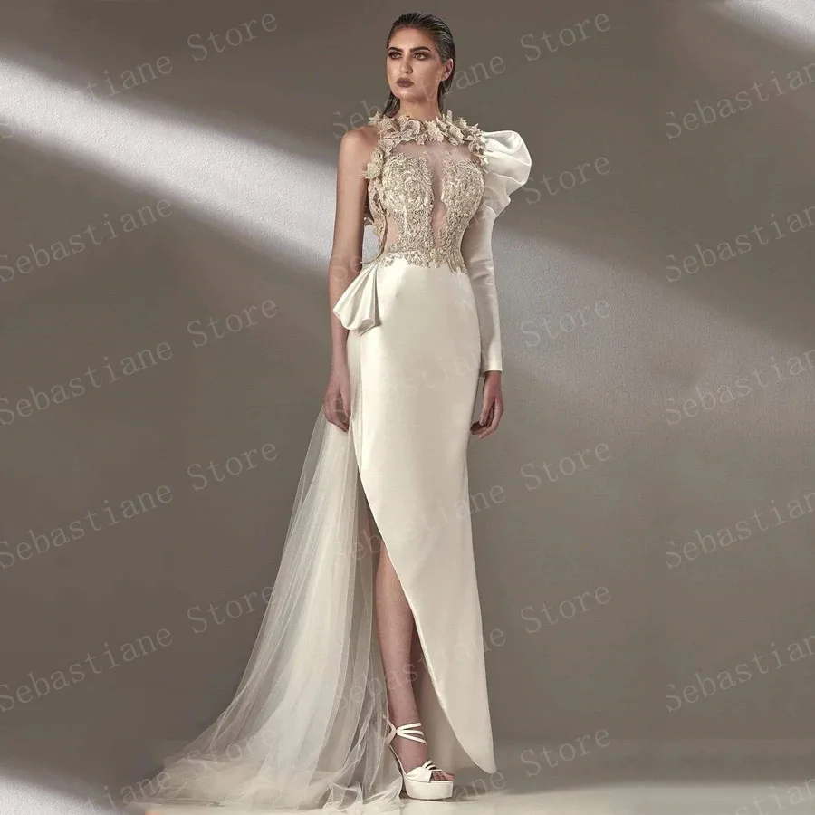 Charming Gorgeous Elegant Prom Dresses Long Sleeves Appliques Split Tulle Long Train Women Evening Pageant Gowns Custom Made