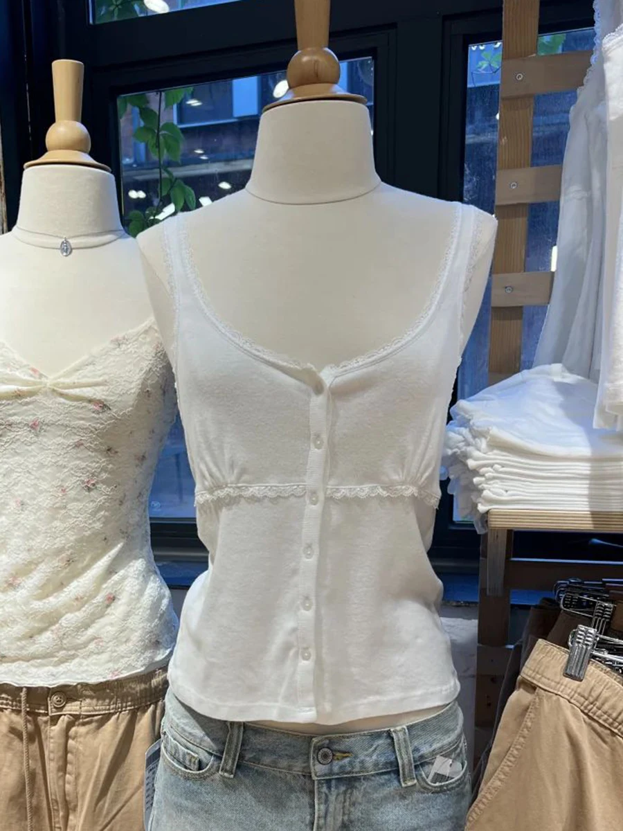 

White Cotton Lace Trim Slim Tank Top Women Summer U Collar Single Breasted Camisole Simple Casual Sweet Sleeveless Crop Tops Y2k