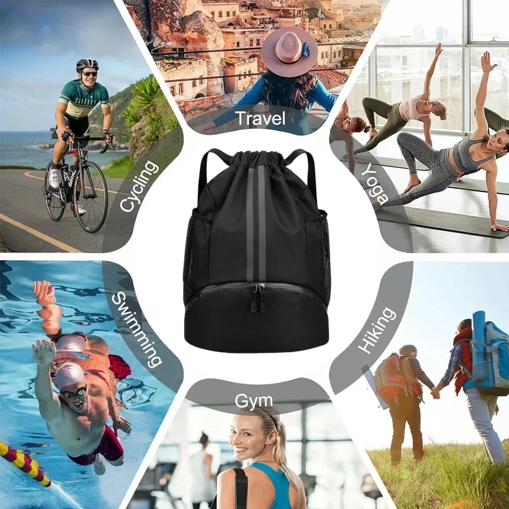 Drawstring Sports Backpack,Lightweight Gym Bag with Shoe Compartment & Wet Dry Separation,for Basketball Football Swimming Yoga view 5