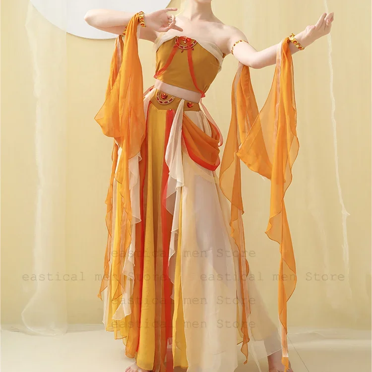 

Women Chiffon Celly Dancewear Sexy Exotic Style Chinese Folk Dance Costume Dunhuang Feitian Hanfu Dress Set Halloween Cosplay
