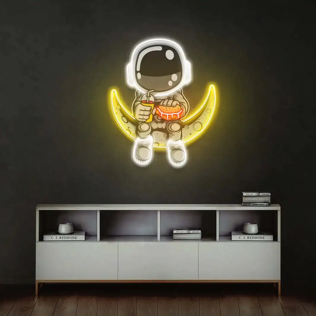 Imagem -05 - Loja de Pizza Neon Light Sinal do Astronauta Spaceman Eating Pizza Impressão uv Art Wall Decor Luz Led