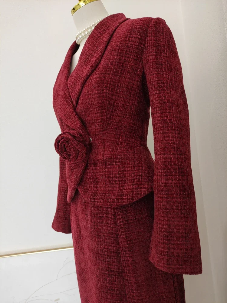 Temperamento francês socialite tweed lapela 3d flor fino plissado jaqueta de cintura alta fishtail saia longa conjuntos de duas peças feminino inverno