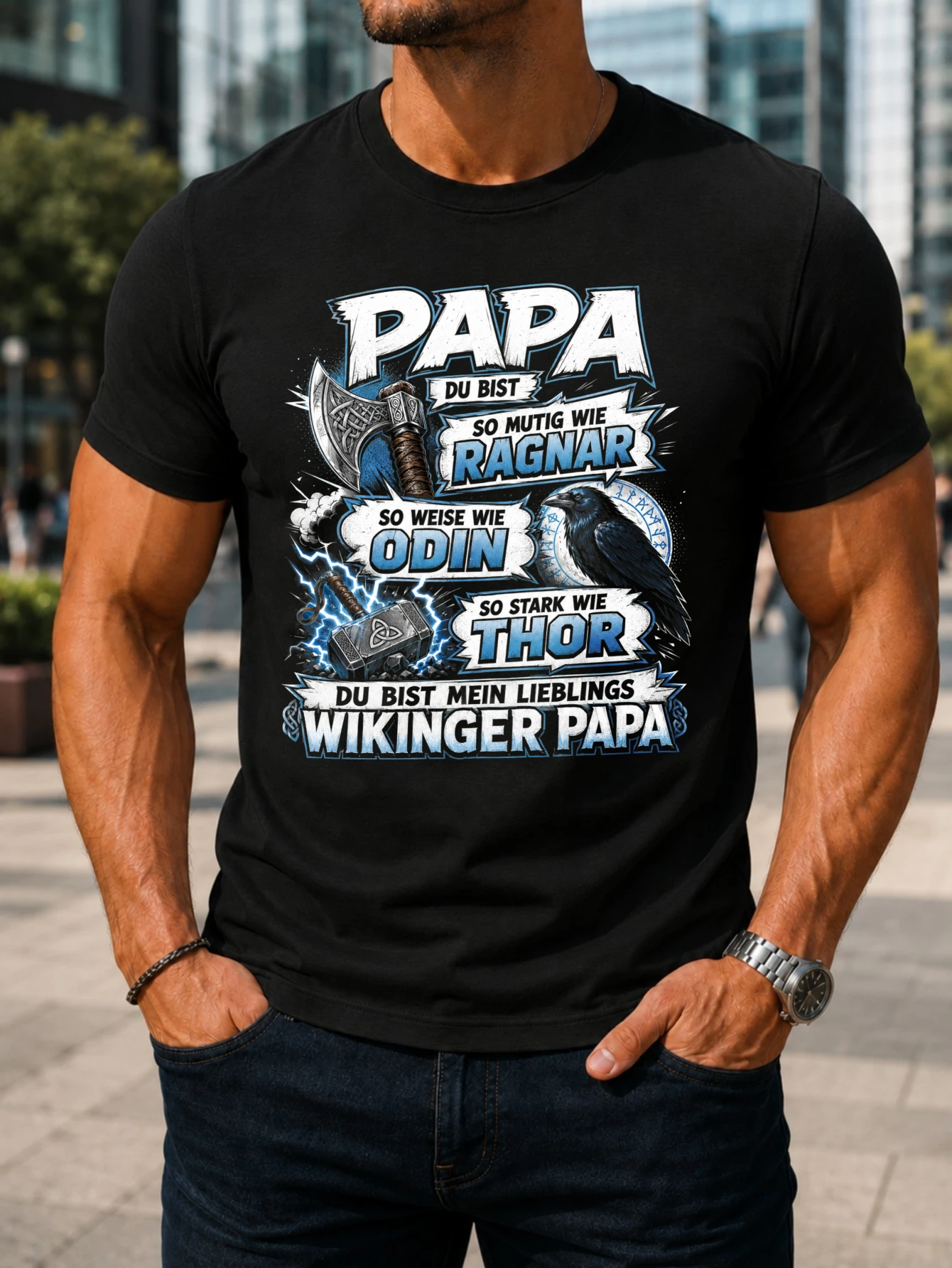 Papa German Quote  Blue Comic Norse Icons Ragnar Odin Thor Text Favorite Dad Graphic Unisex All  Unisex All T-Shirt