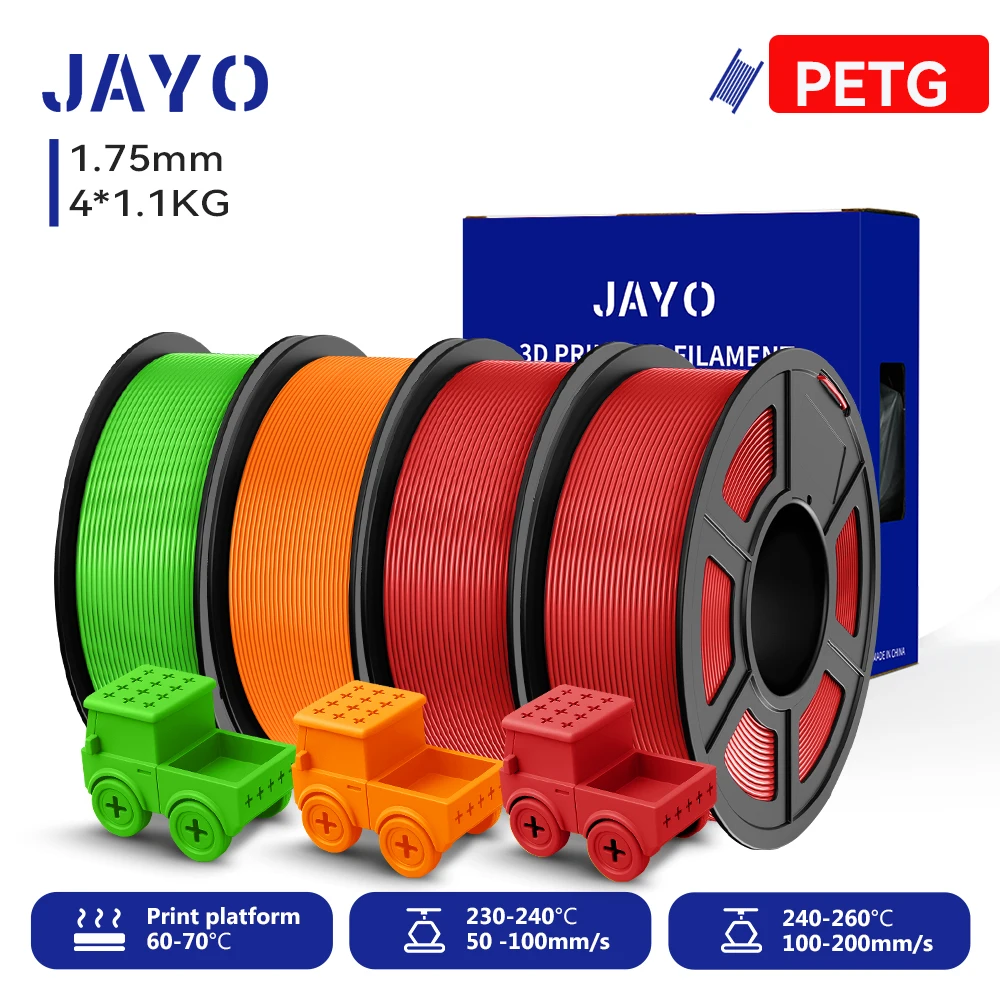 JAYO 4 Rollen 3D PETG/PETG klares Druckerfilament 1,75 mm, ordentlich gewickelt, ungiftige 3D-Druckmaterialien für 99 % FDM-3D-Drucker und -Stifte