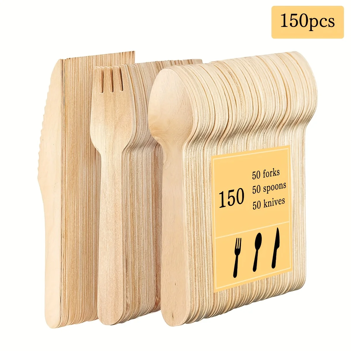 Conjunto de Talheres de Madeira Descartáveis de 150 Peças de 14cm |     50 Garfos 50 Colheres 50 Facas |     Utensílios de Mesa de Madeira Natural Biodegradáveis e Ecológicos, Adequados para Festas, Casamentos, Piqueniques, Camping, Halloween, Natal e Celebrações de Feriados.