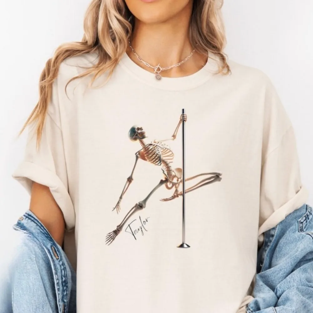 Pole Dancing Shirt Personalized Halloween Skeleton Pole Dancer Tee Gothic Pole Fitness Gift Aerial Arts T-Shirt