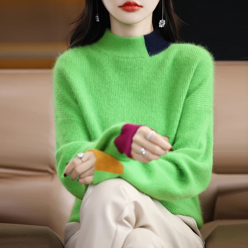 

100% mink cashmere sweater women's Half high collar pullover casual loose Large size knitted tops autumn winter fashion Korean